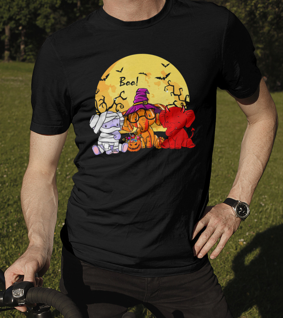 Boo Three Elephants Halloween Costume Party With Moon And Bats T-Shirt