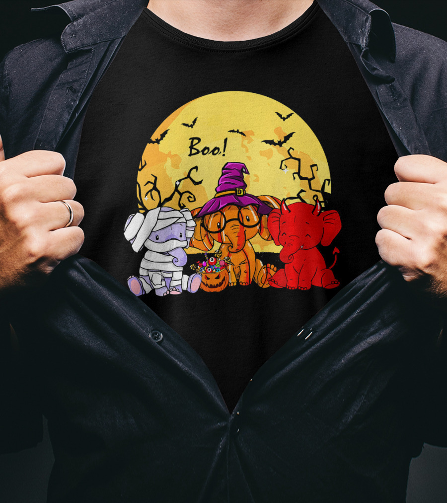 Boo Three Elephants Halloween Costume Party With Moon And Bats T-Shirt