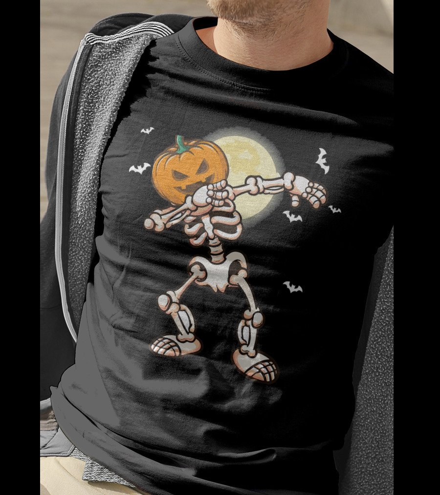Skeleton Dabbing With Pumpkin Head And Bats T-Shirt