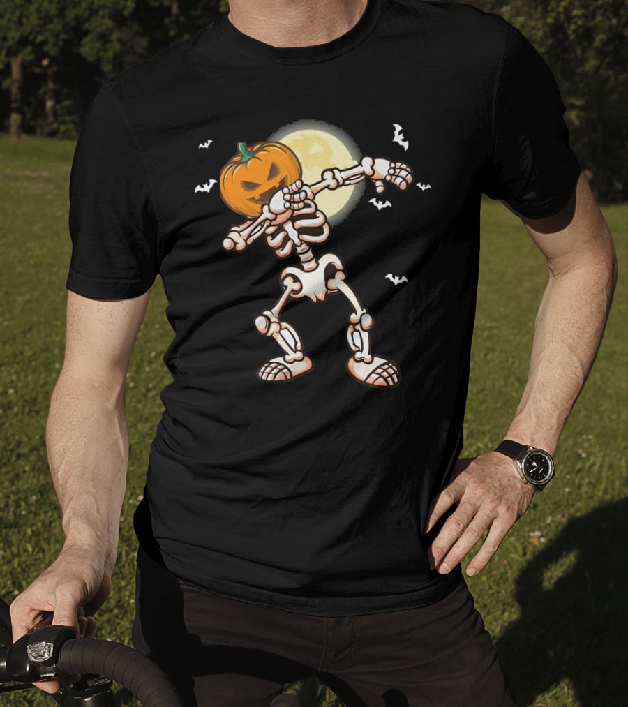 Skeleton Dabbing With Pumpkin Head And Bats T-Shirt