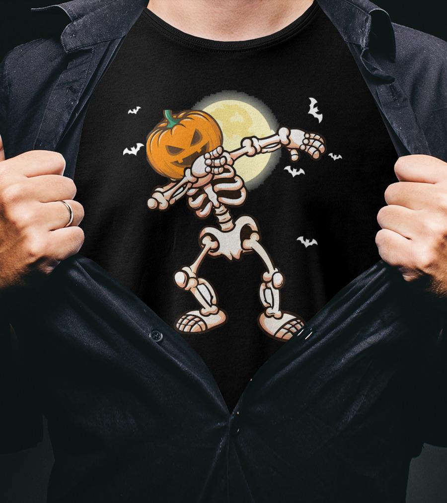 Skeleton Dabbing With Pumpkin Head And Bats T-Shirt