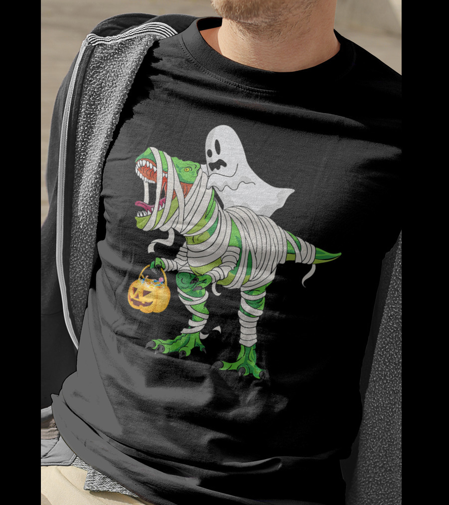 Ghost Mummy Riding T-Rex Trick Or Treat T-Shirt