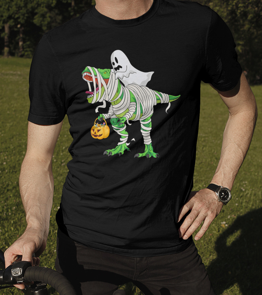 Ghost Mummy Riding T-Rex Trick Or Treat T-Shirt
