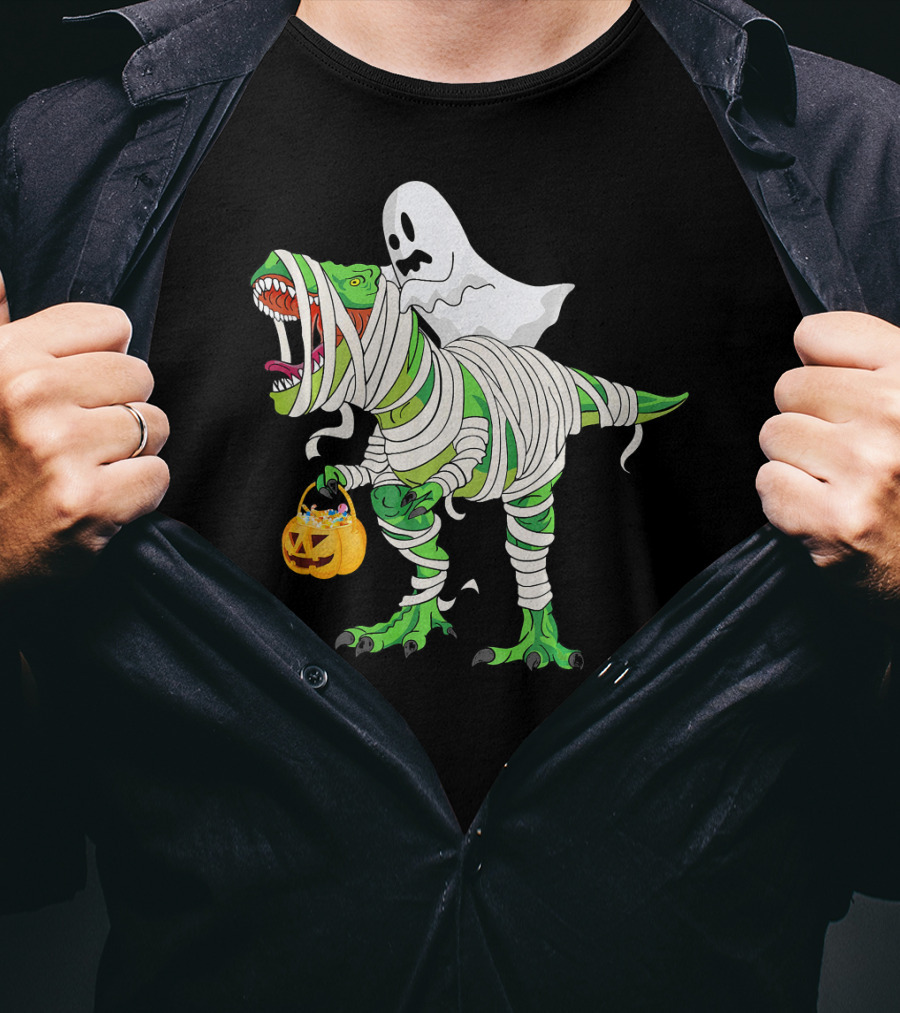 Ghost Mummy Riding T-Rex Trick Or Treat T-Shirt