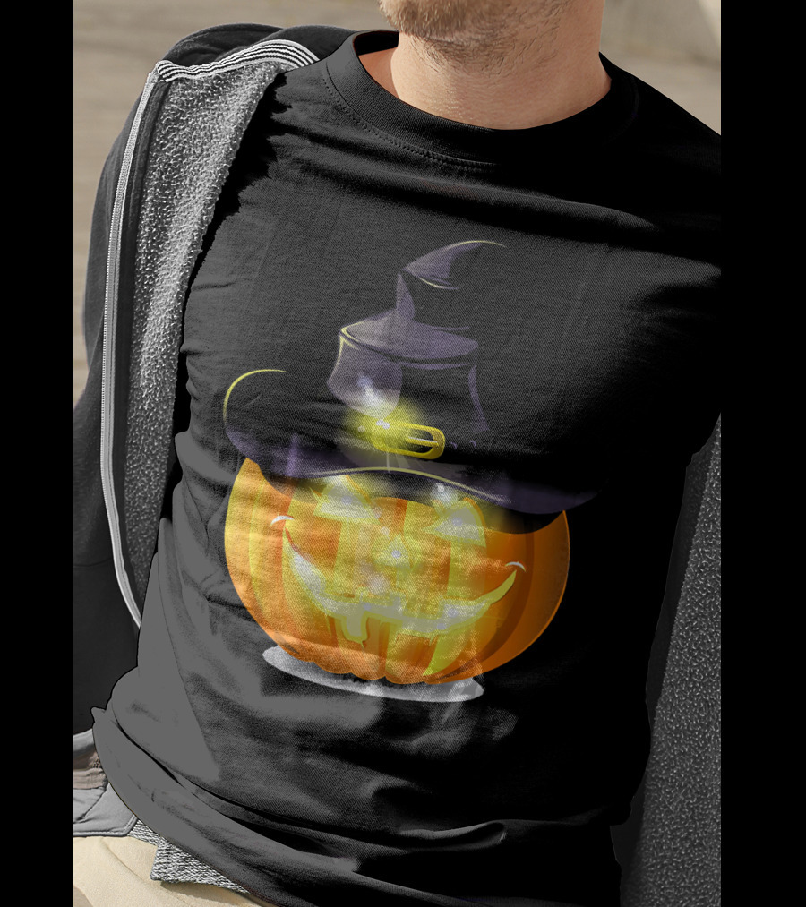 Halloween Horror Pumpkin Witch Hat Glowing Face T-Shirt
