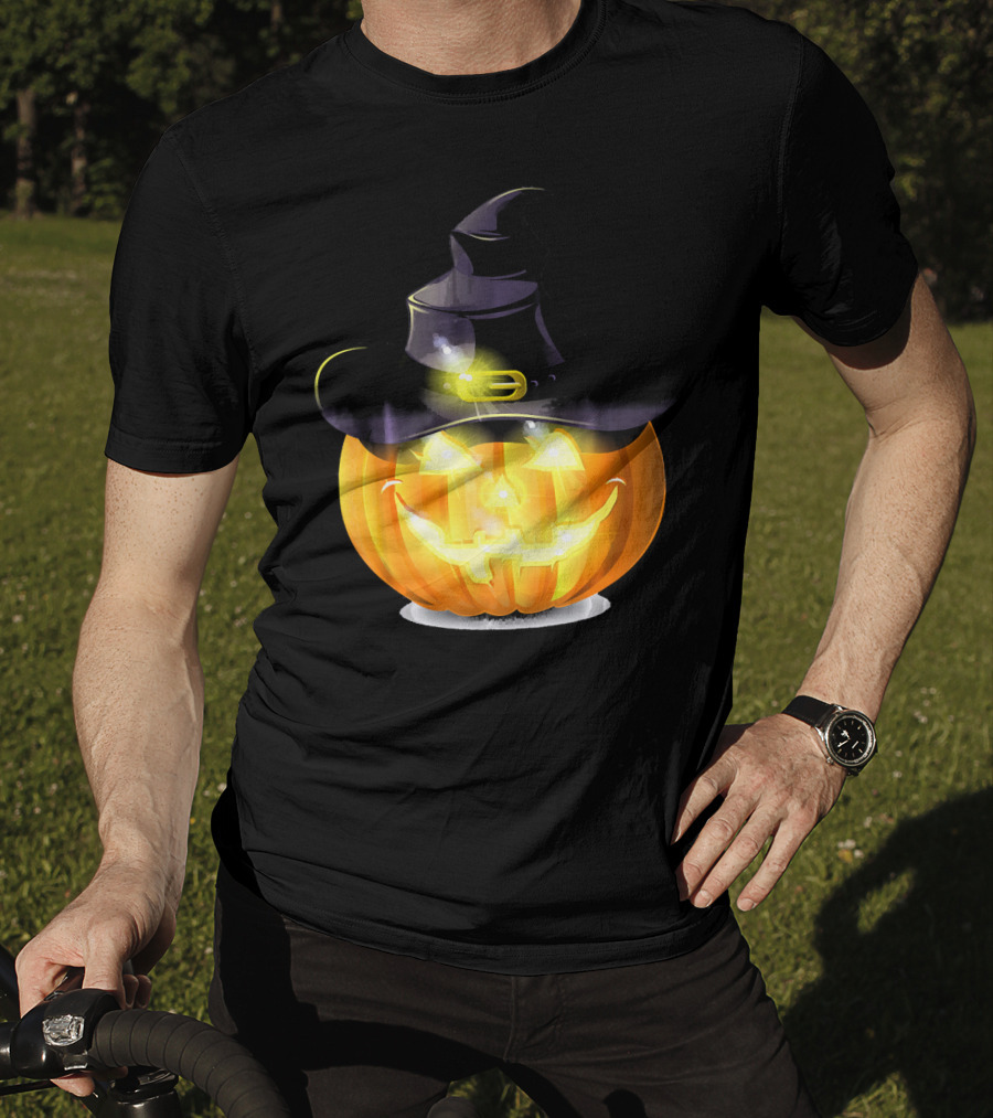 Halloween Horror Pumpkin Witch Hat Glowing Face T-Shirt