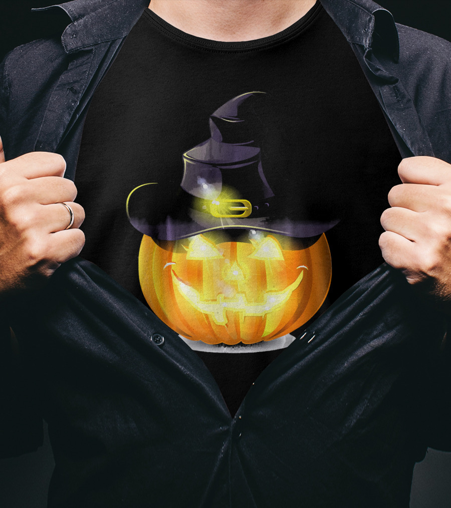 Halloween Horror Pumpkin Witch Hat Glowing Face T-Shirt