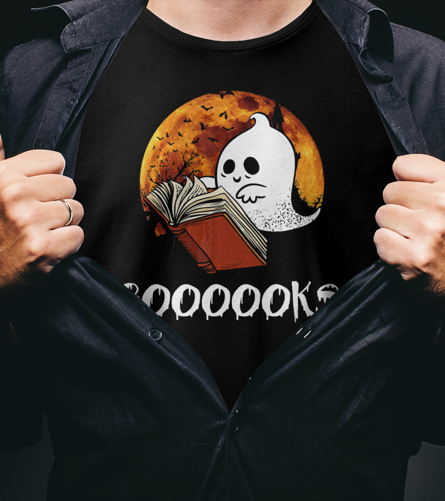 Booooooks Boo Reading Books Hall Ghost With Open Book And Moon Bats T-Shirt