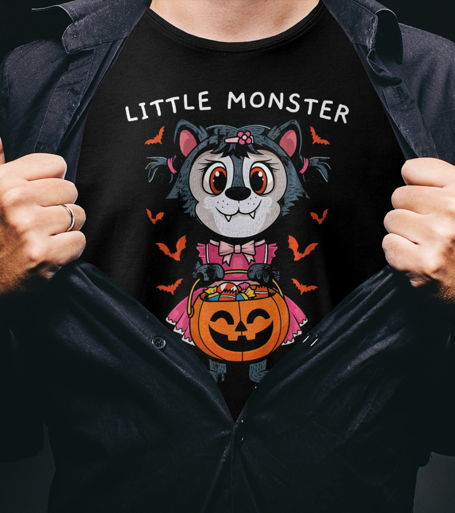 Little Monster Halloween Werewolf With Pumpkin Candy T-Shirt