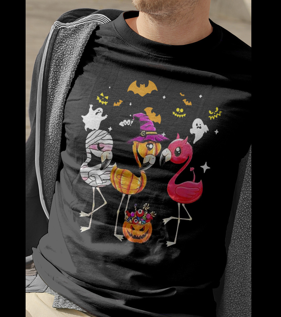 Flamingo Halloween Candy Witch Ghost Bats Pumpkin T-Shirt