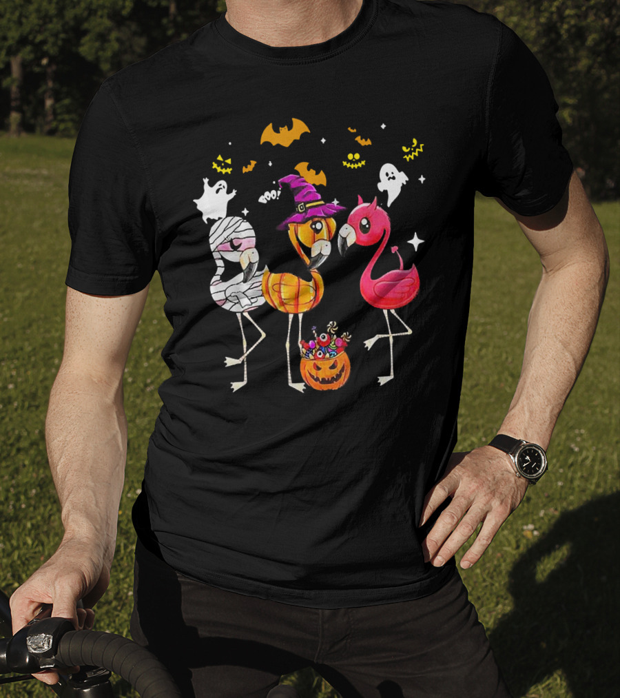 Flamingo Halloween Candy Witch Ghost Bats Pumpkin T-Shirt