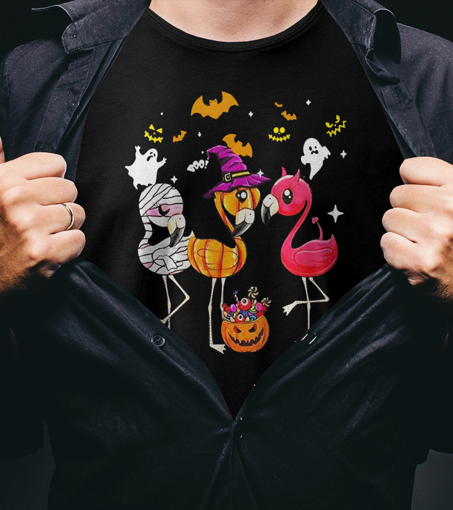 Flamingo Halloween Candy Witch Ghost Bats Pumpkin T-Shirt