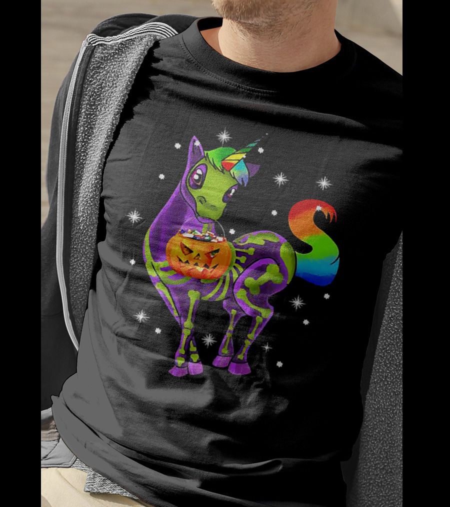 Unicorn Skeleton Pumpkin Rainbow Halloween Magic T-Shirt