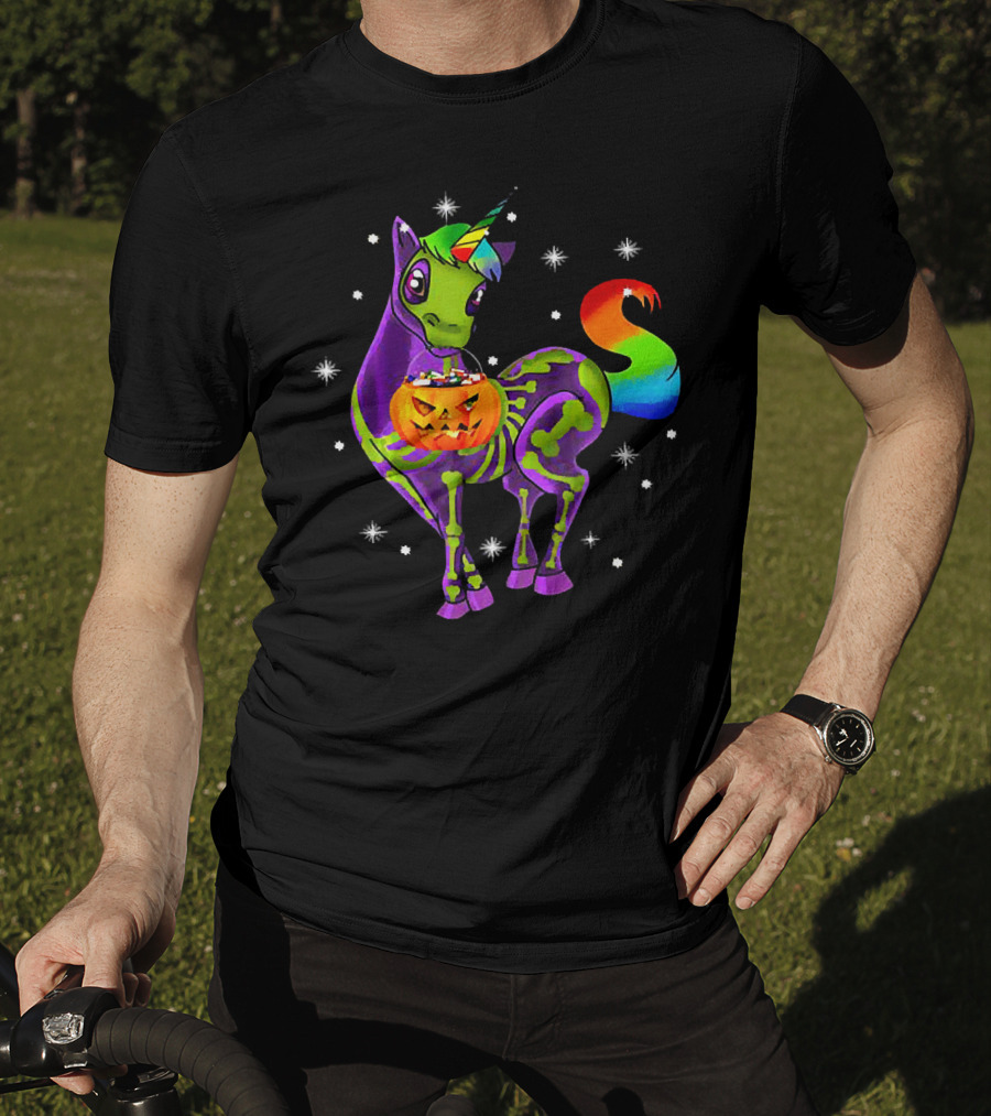 Unicorn Skeleton Pumpkin Rainbow Halloween Magic T-Shirt