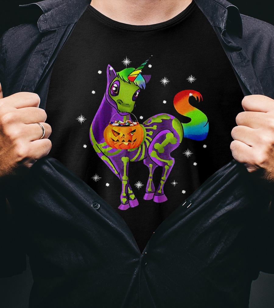Unicorn Skeleton Pumpkin Rainbow Halloween Magic T-Shirt