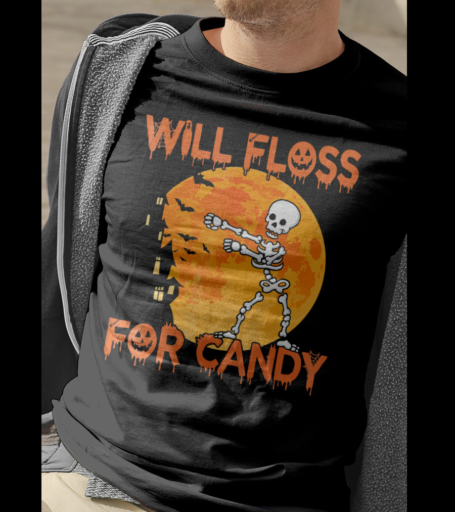 Will Floss For Candy Dancing Skeleton Halloween Moon Bats T-Shirt