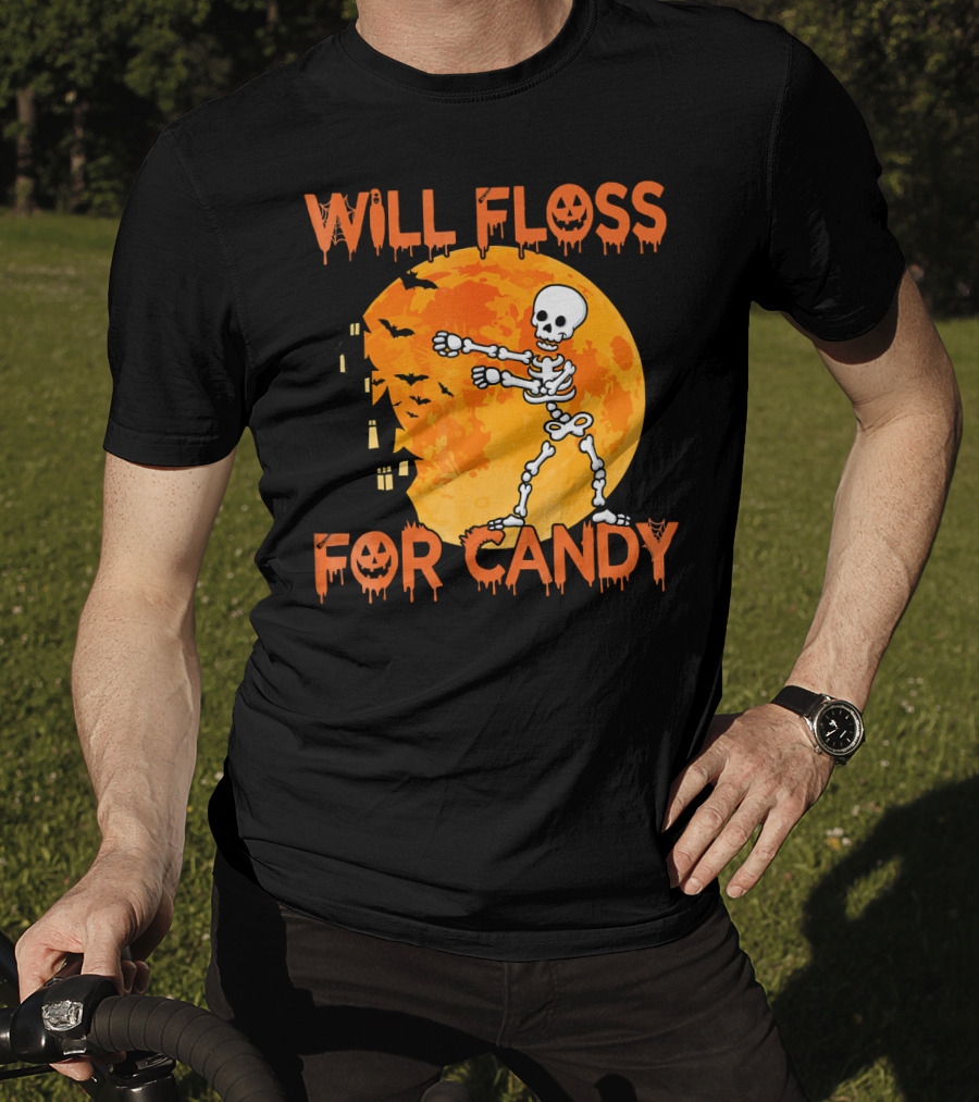 Will Floss For Candy Dancing Skeleton Halloween Moon Bats T-Shirt