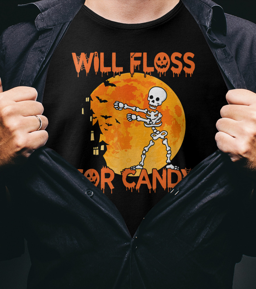 Will Floss For Candy Dancing Skeleton Halloween Moon Bats T-Shirt