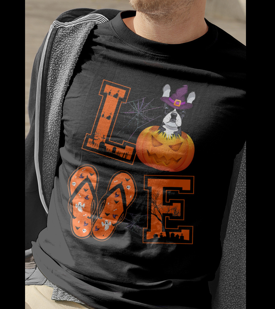 LOVE French Bulldog Pumpkin Halloween Ghosts Spider Webs T-Shirt