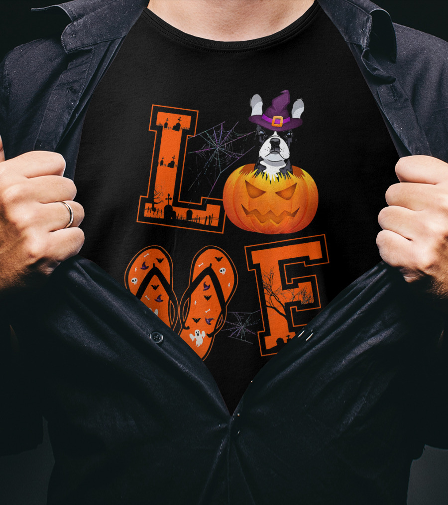LOVE French Bulldog Pumpkin Halloween Ghosts Spider Webs T-Shirt