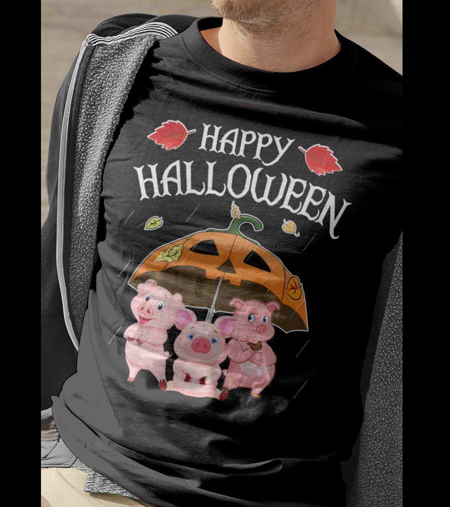 Happy Halloween Pigs Under Jack-o'-Lantern Umbrella T-Shirt