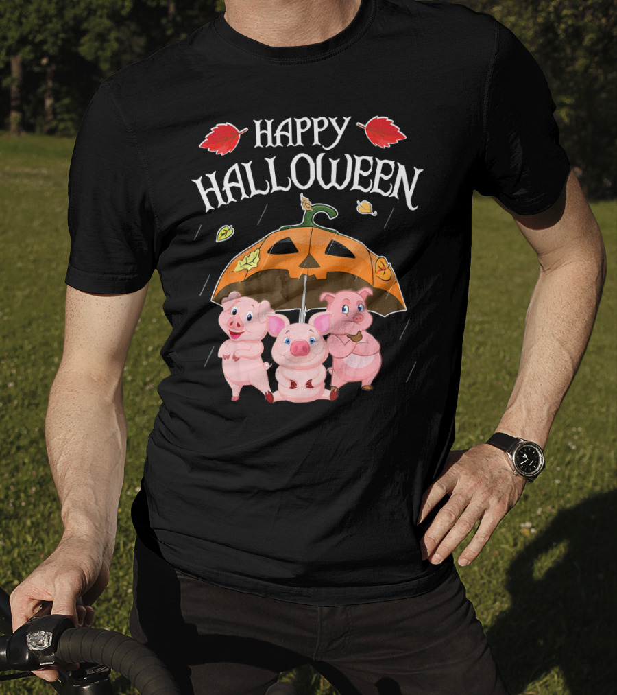 Happy Halloween Pigs Under Jack-o'-Lantern Umbrella T-Shirt