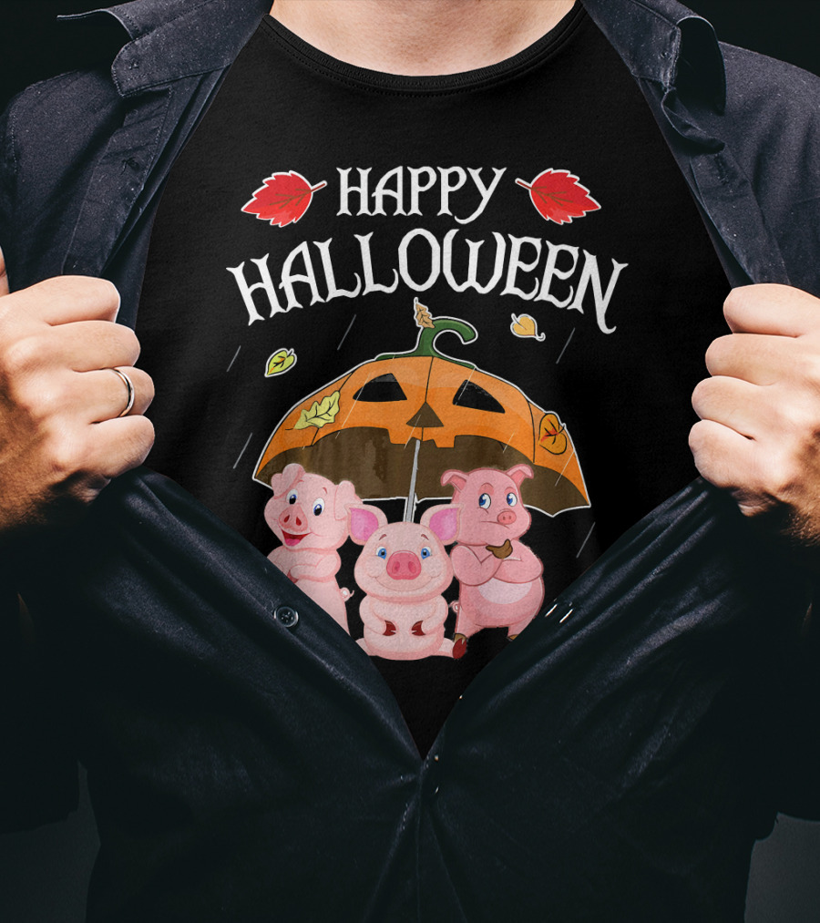 Happy Halloween Pigs Under Jack-o'-Lantern Umbrella T-Shirt