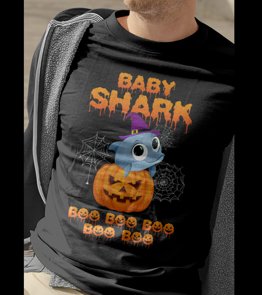 Baby Shark Halloween Boo Boo Boo Pumpkin Witch Hat Spider Webs T-Shirt