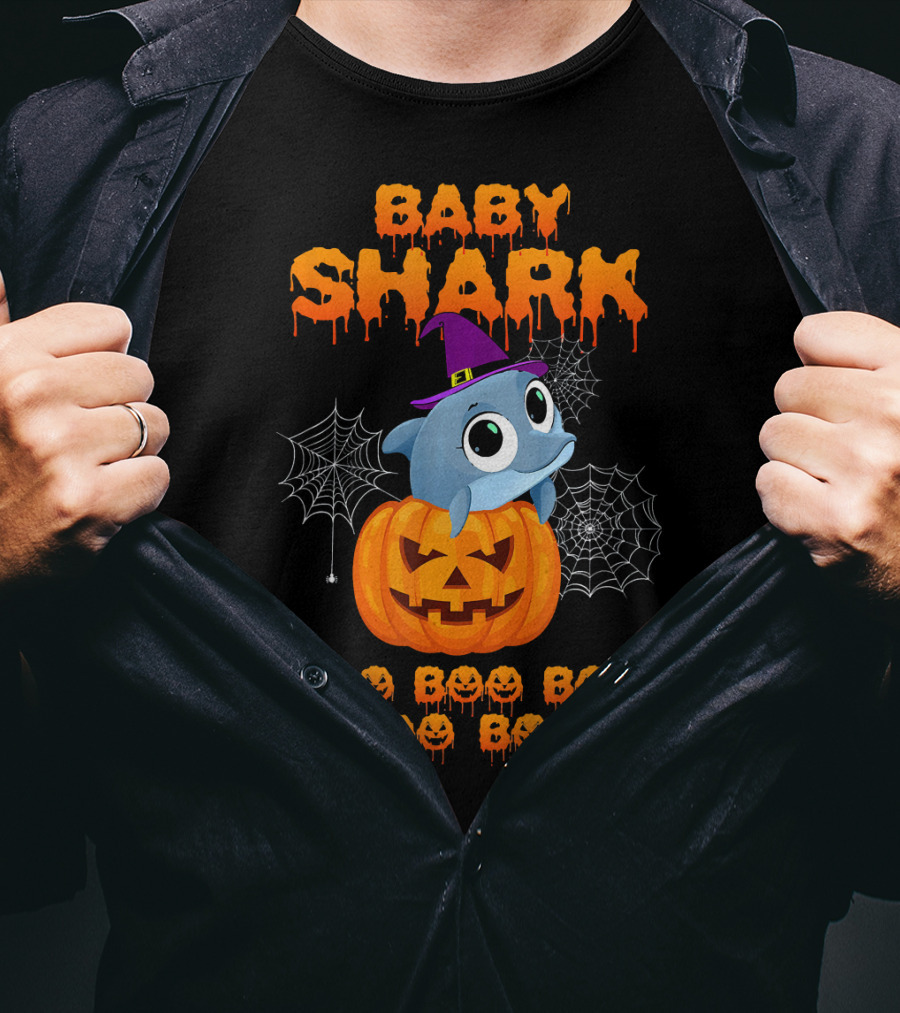 Baby Shark Halloween Boo Boo Boo Pumpkin Witch Hat Spider Webs T-Shirt