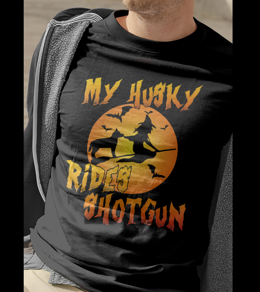 My Husky Rides Shotgun Halloween Witch Moon Bats T-Shirt
