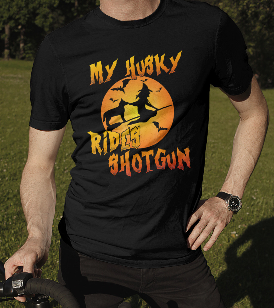 My Husky Rides Shotgun Halloween Witch Moon Bats T-Shirt