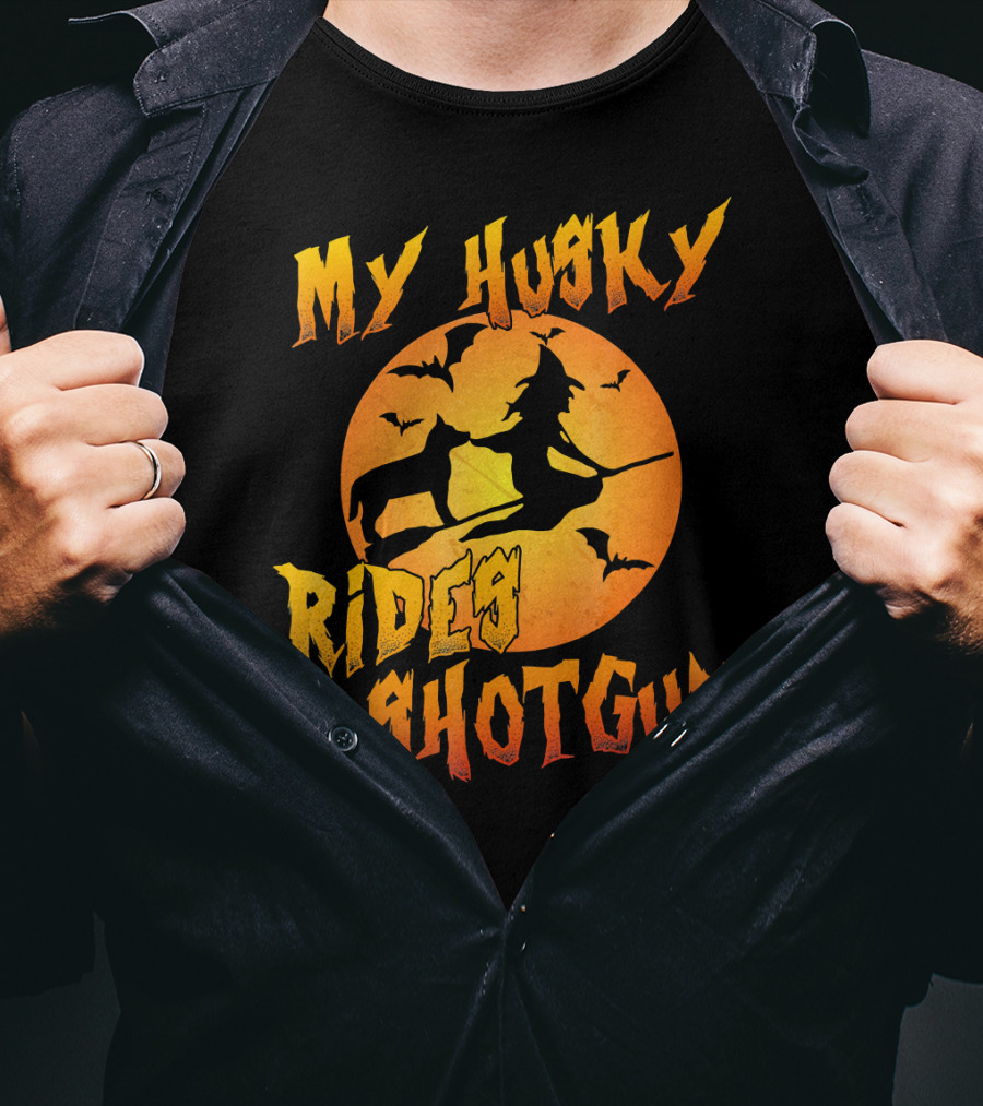 My Husky Rides Shotgun Halloween Witch Moon Bats T-Shirt