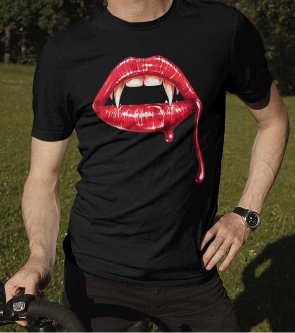 Awesome Vampire Fangs Lips With Blood Dripping Dracula T-Shirt