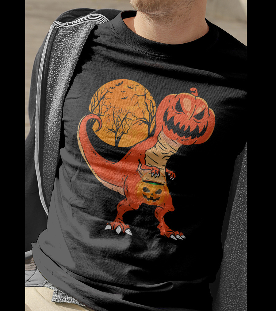 Funny Halloween Dinosaur Pumpkin Head Tree Shadow T-Shirt
