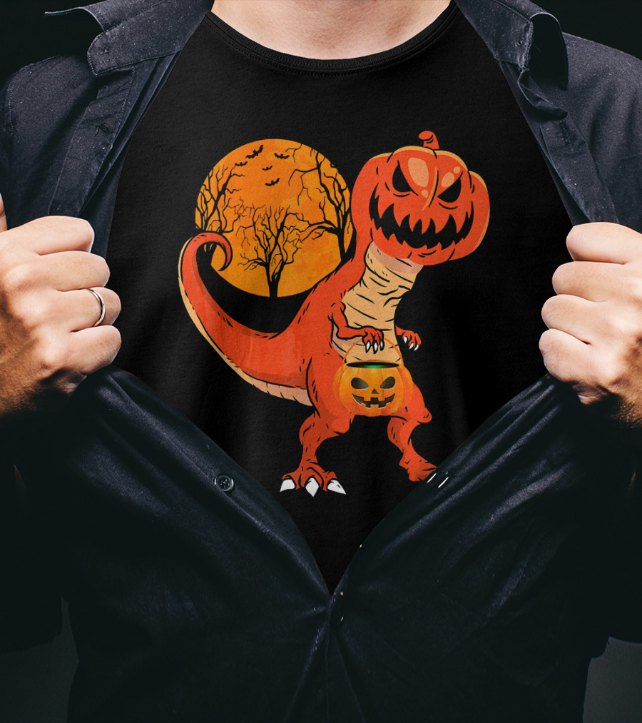 Funny Halloween Dinosaur Pumpkin Head Tree Shadow T-Shirt