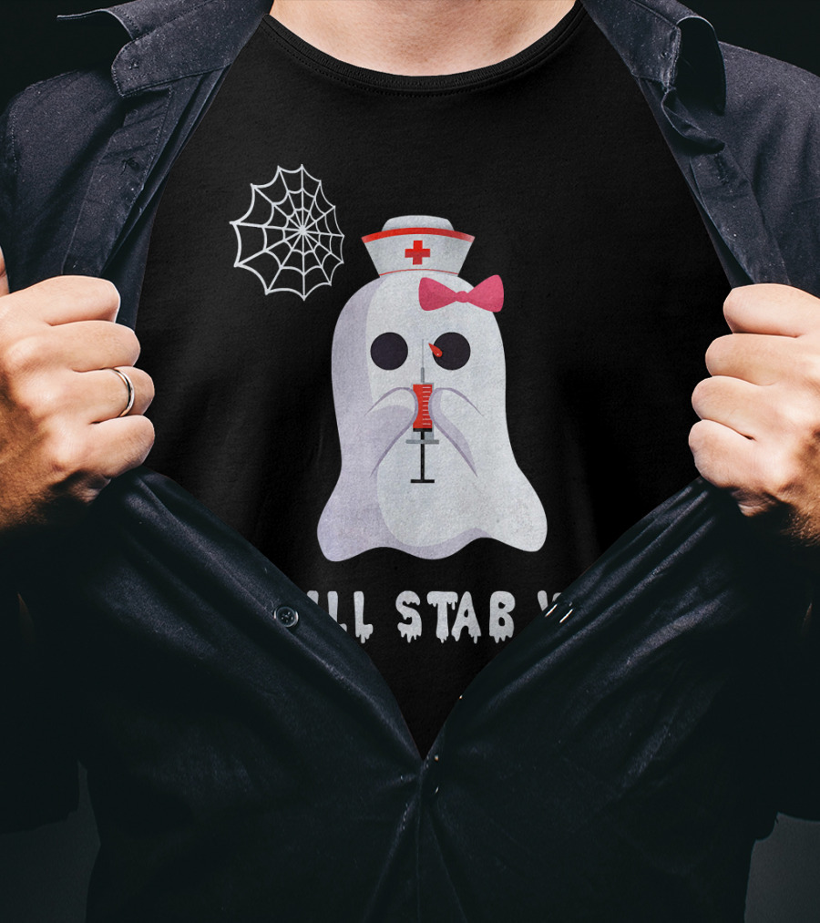 I Will Stab You Ghost Nurse Syringe Spider Web T-Shirt