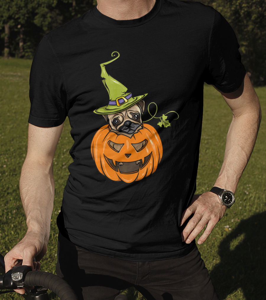 Pumpkin Pug Witch Halloween Costume Women T-Shirt