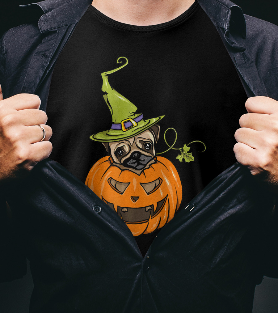 Pumpkin Pug Witch Halloween Costume Women T-Shirt