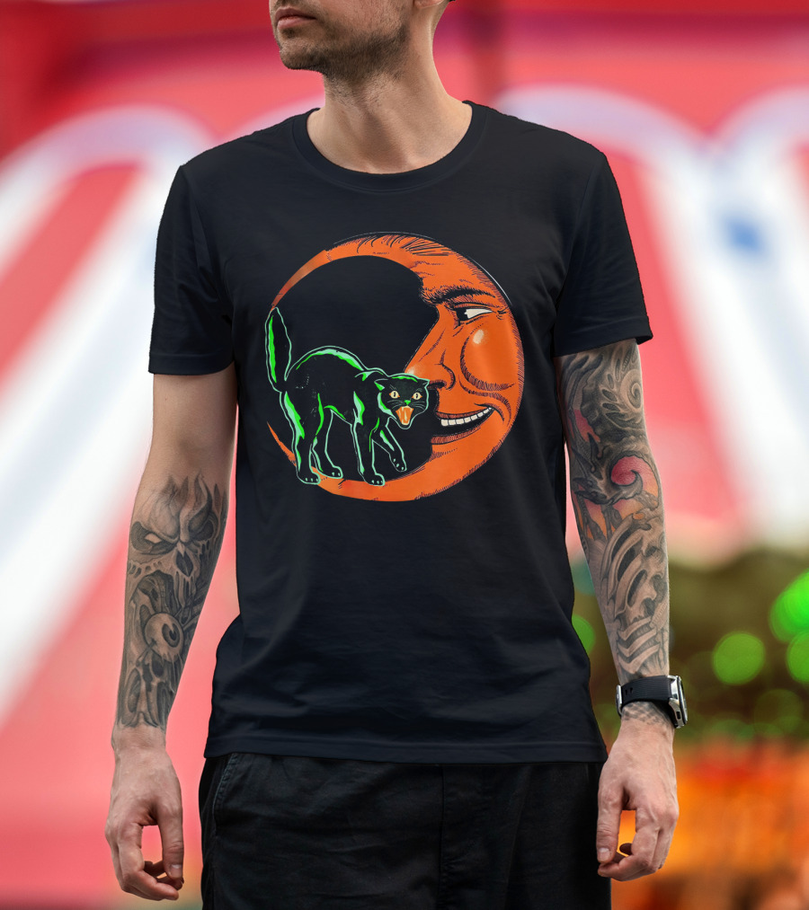 Vintage Halloween Beistle Cat on Crescent Moon T-Shirt