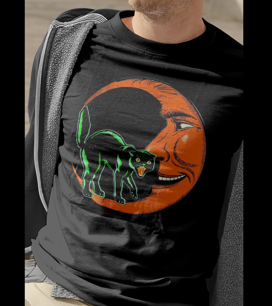 Vintage Halloween Beistle Cat On Crescent Moon T-Shirt