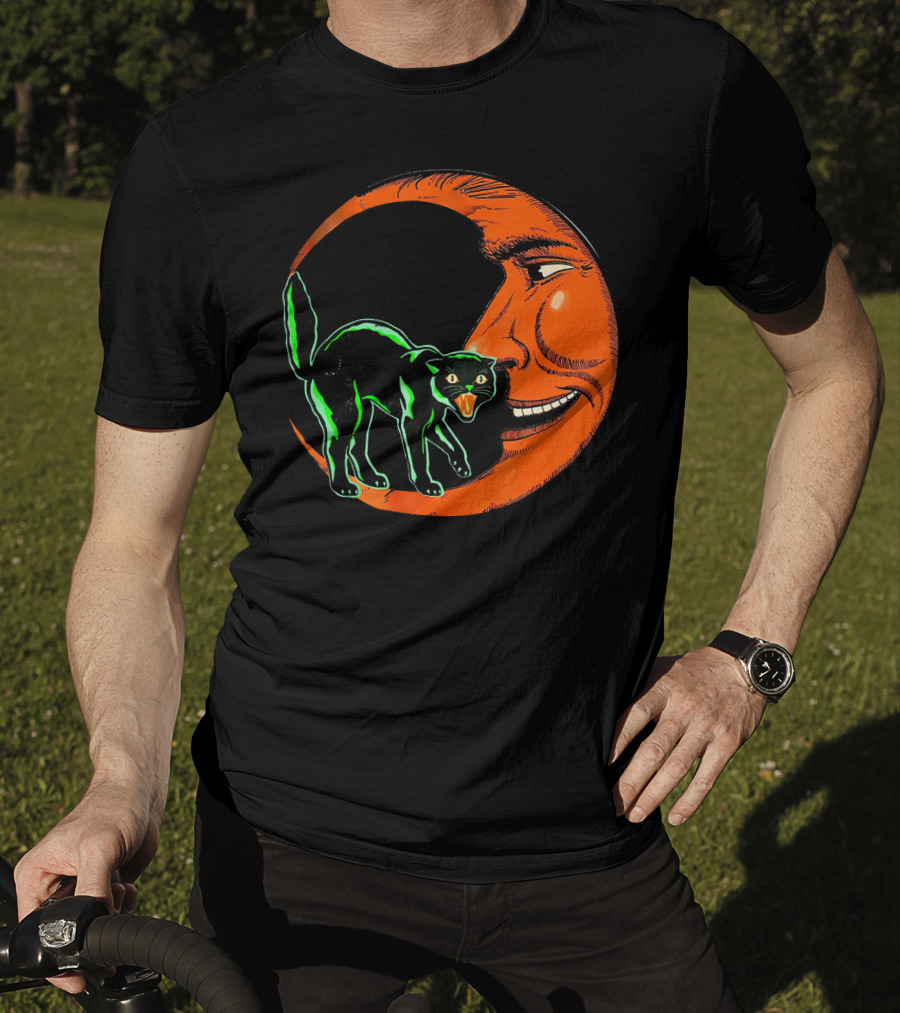 Vintage Halloween Beistle Cat On Crescent Moon T-Shirt
