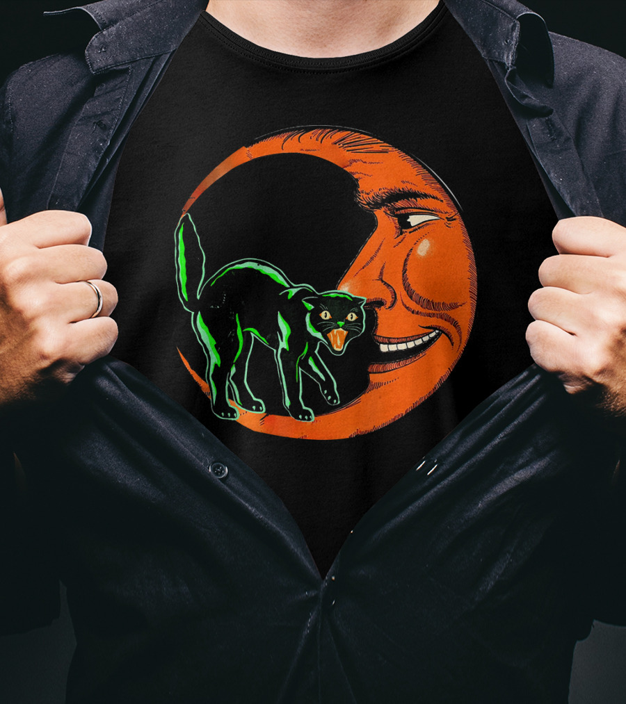 Vintage Halloween Beistle Cat On Crescent Moon T-Shirt