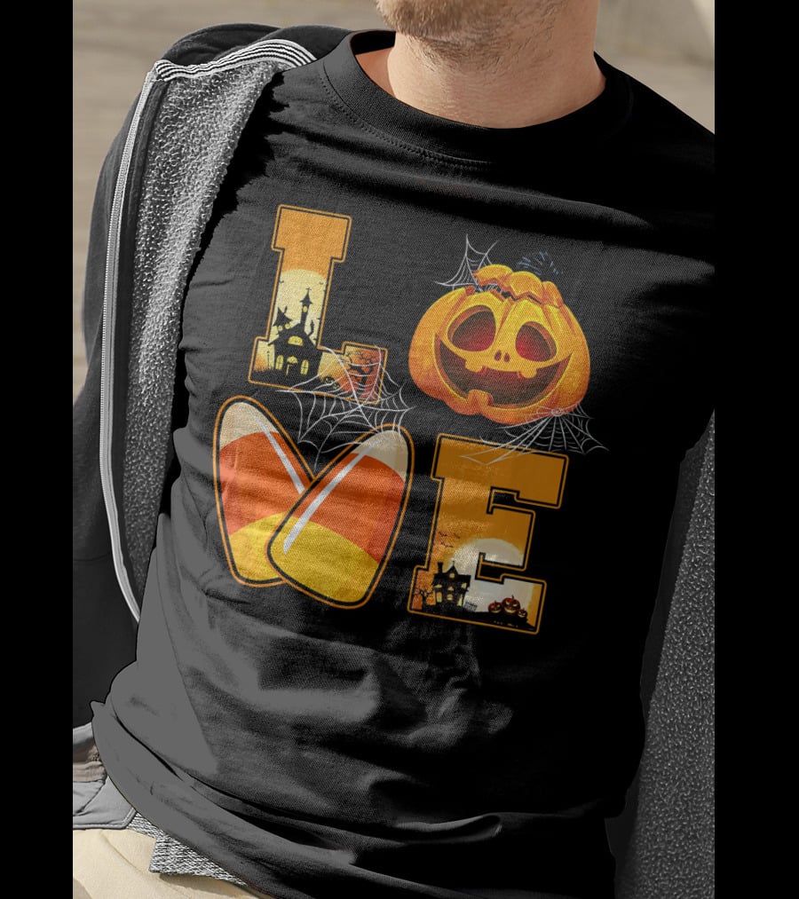 Love Candy Corn Pumpkin Halloween Spiderwebs T-Shirt