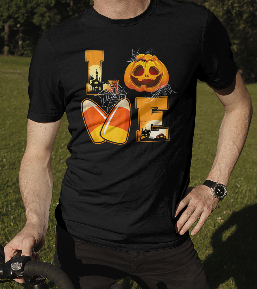 Love Candy Corn Pumpkin Halloween Spiderwebs T-Shirt