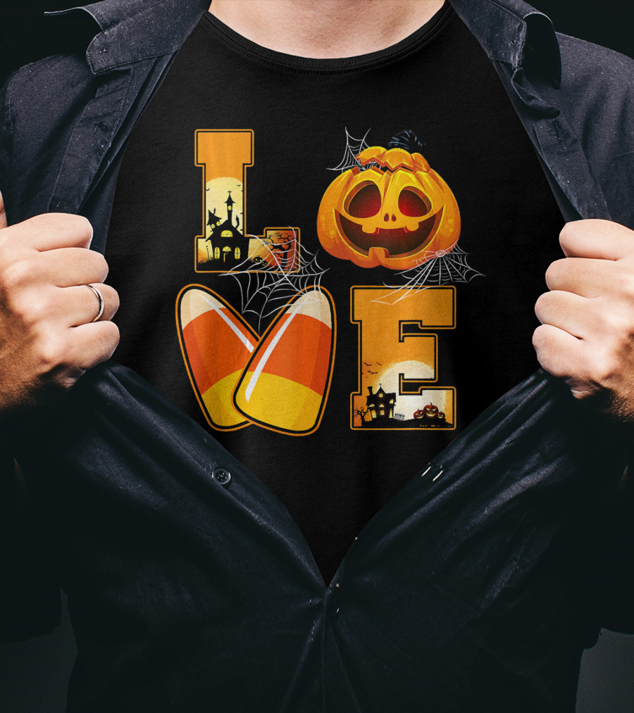 Love Candy Corn Pumpkin Halloween Spiderwebs T-Shirt