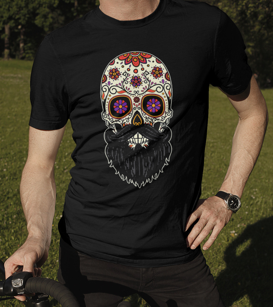 Beard Sugar Skull Floral Pattern Día De Los Muertos T-Shirt