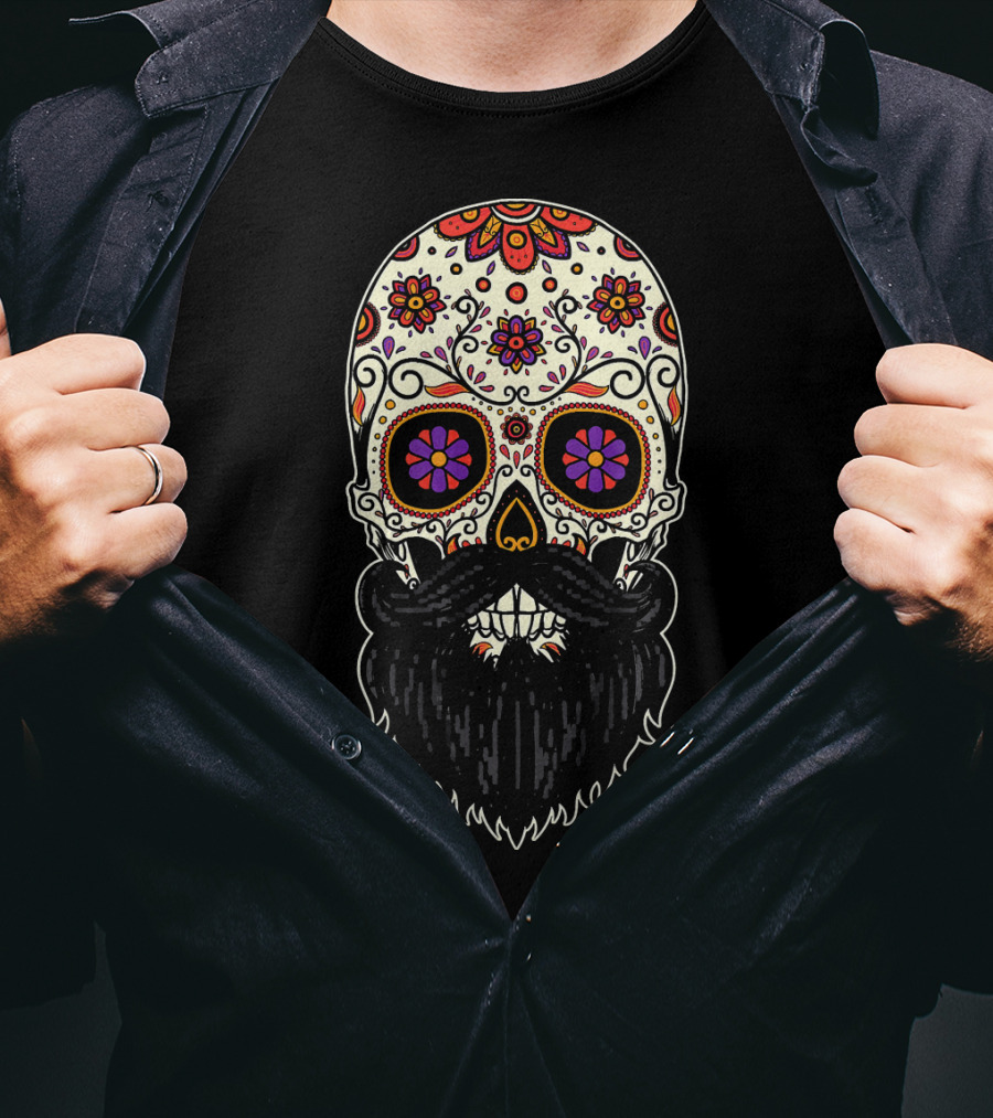 Beard Sugar Skull Floral Pattern Día De Los Muertos T-Shirt