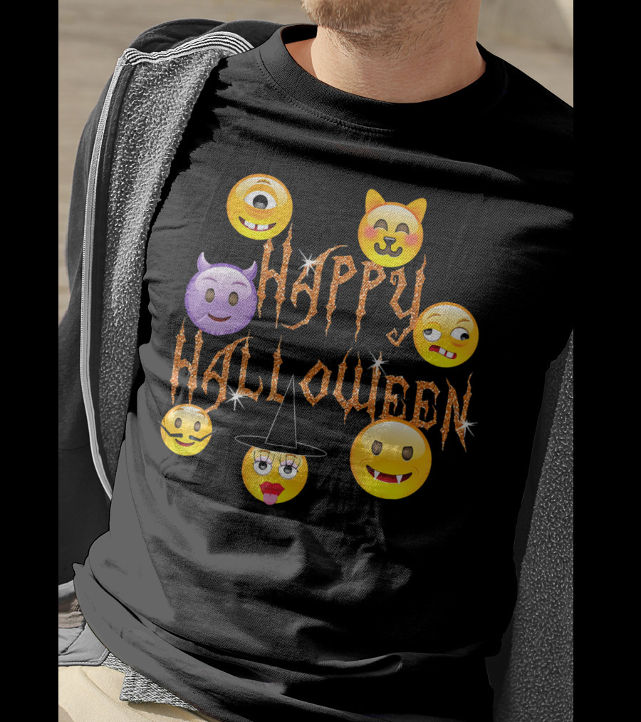 Happy Halloween Emoji Faces Devil Cat Vampire Witch Pumpkin Monster Cyclops T-Shirt