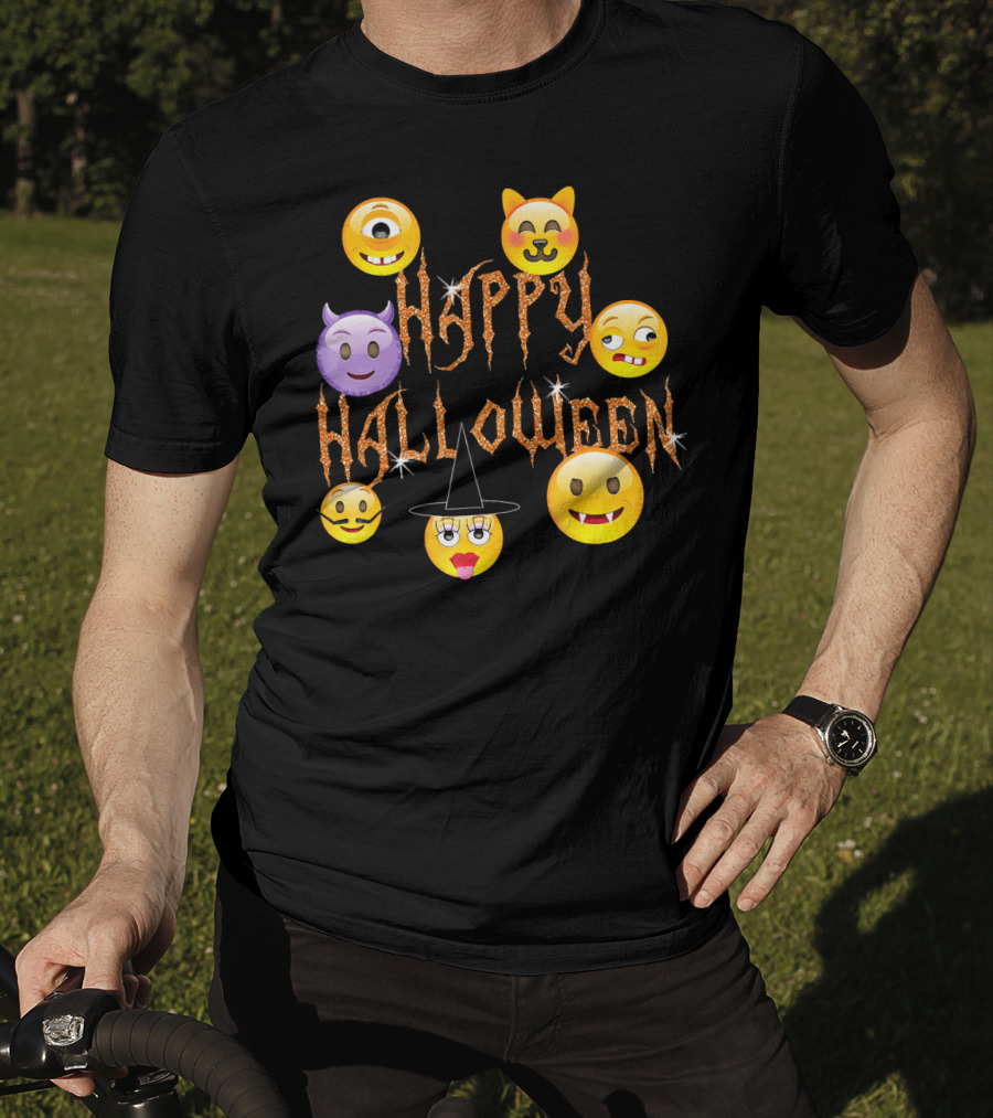 Happy Halloween Emoji Faces Devil Cat Vampire Witch Pumpkin Monster Cyclops T-Shirt