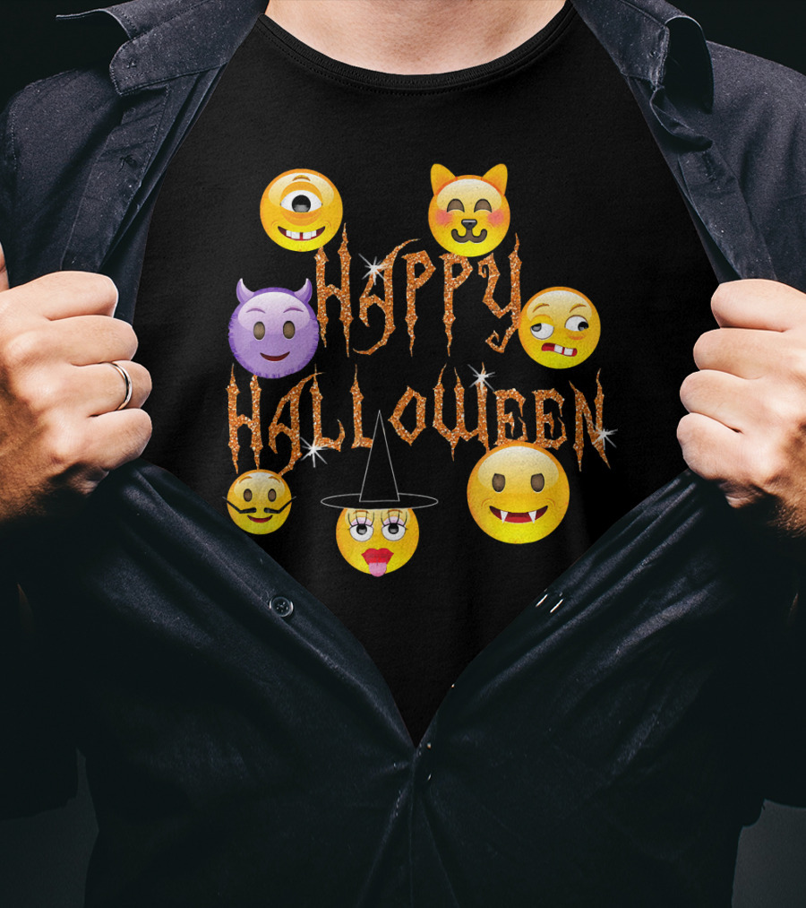 Happy Halloween Emoji Faces Devil Cat Vampire Witch Pumpkin Monster Cyclops T-Shirt